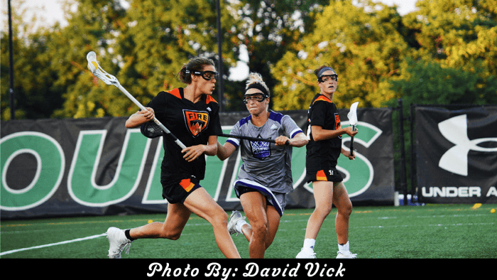 Three professional women's lacrosse players in a 2019 Women's Professional Lacrosse League game.