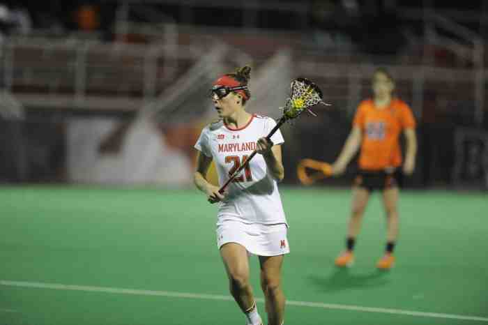 An image of former Maryland star Taylor Cummings playing in a night game.