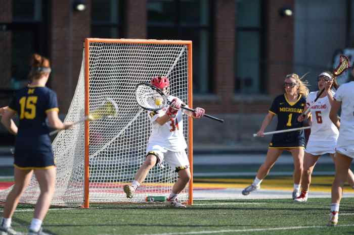 An image of former Maryland goalie Megan Taylor saving a shot.
