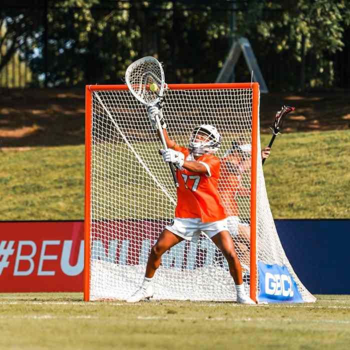 Angie Benson saving a shot during week one of the 2021 Athletes Unlimited season.